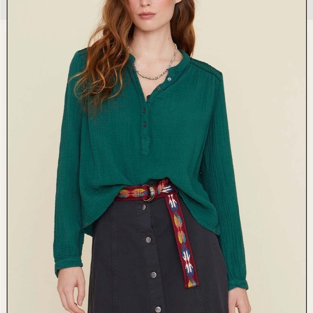 Xirena Addisen Cotton Gauze Long Sleeve Embroidered Blouse Top Green Pine Needle
